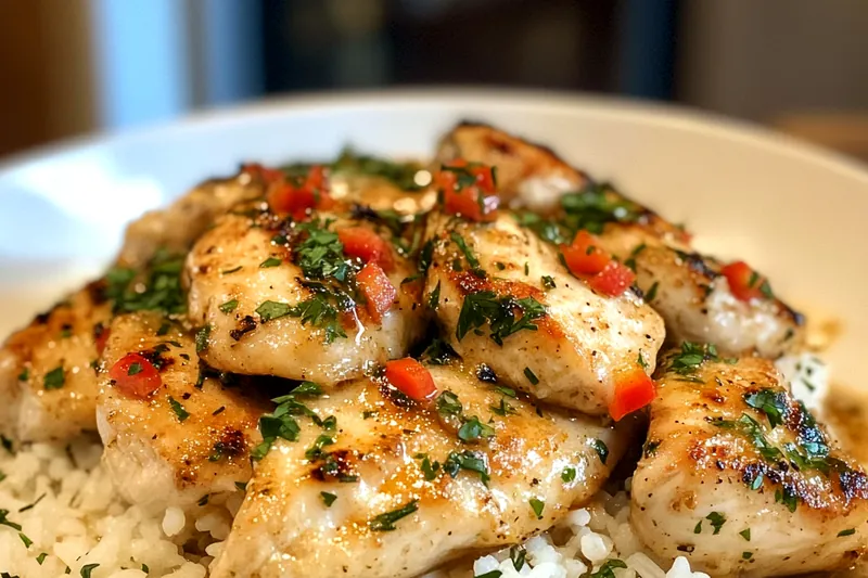 Chef sautéing chicken for Creamy Garlic Chicken Scampi in a skillet.