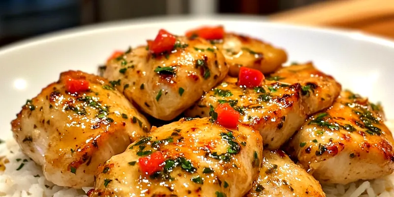 A beautifully plated dish of Creamy Garlic Chicken Scampi with fresh parsley and a sprinkle of black pepper.
