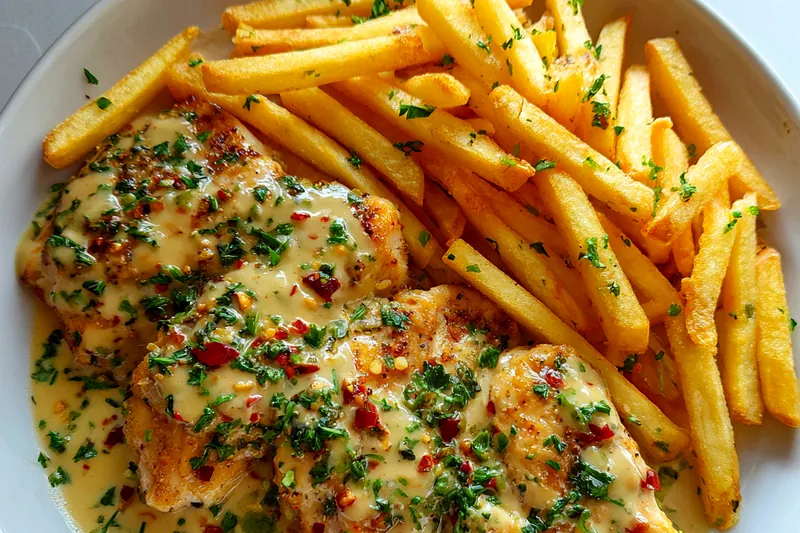 Cooking process for Creamy Garlic Chicken with Fries