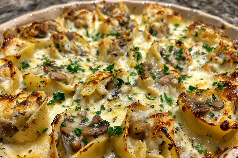 Cooking process showcasing garlic being sautéed with mushrooms in a skillet.