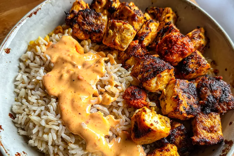 Close-up of grilled chicken being sliced and creamy sauce being drizzled over a rice bowl
