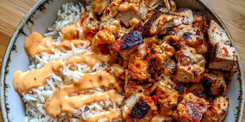 Delicious Creamy Grilled Chicken Avocado Rice Bowl served on a vibrant plate with fresh lime and cilantro