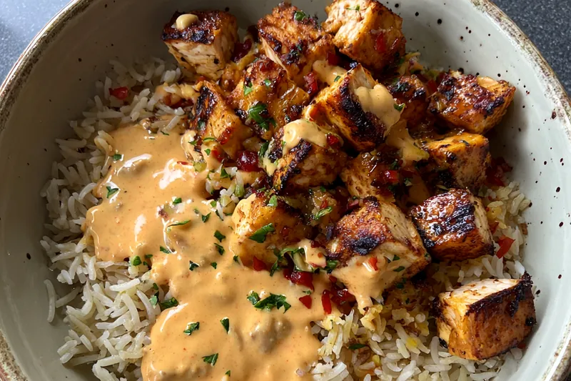 Fresh, colorful ingredients for Creamy Grilled Chicken Avocado Rice Bowl laid out on a wooden board