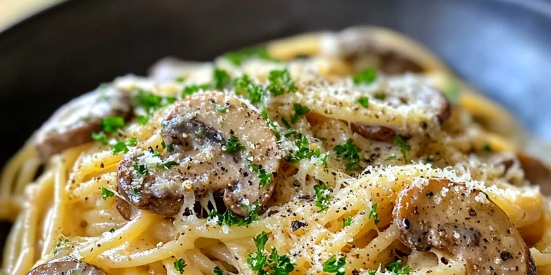 A bowl of creamy gruyere mushroom pasta topped with fresh parsley and served with garlic bread.