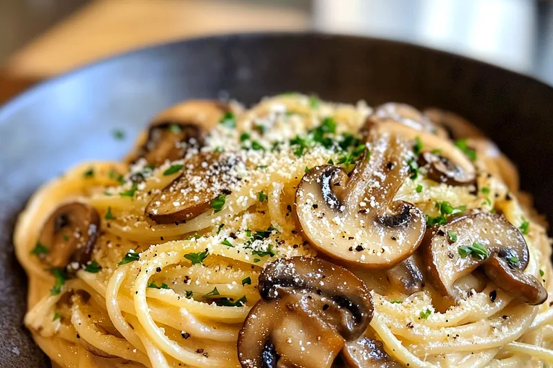 A beautiful array of ingredients for Creamy Gruyere Mushroom Pasta including mushrooms, cheese, and pasta.