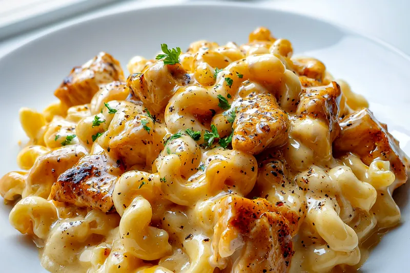 Ingredients for Creamy Honey Pepper Chicken Mac and Cheese Delight displayed on a table