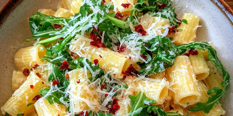 Delicious Creamy Lemon Ricotta Pasta with Fresh Arugula served on a plate