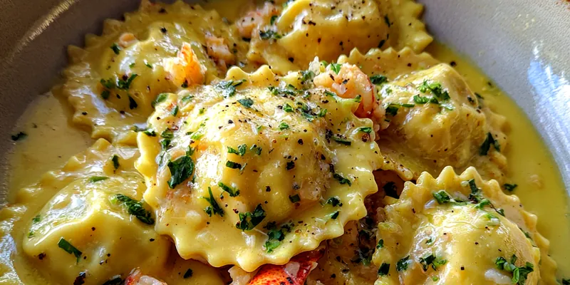 Delicious Creamy Lobster Ravioli Delight served on a plate