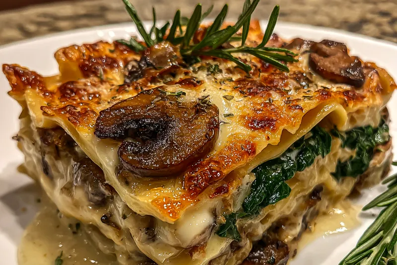 Chef Mitchell stirring the creamy mushroom sauce in a skillet, showcasing the cooking process and rich textures.