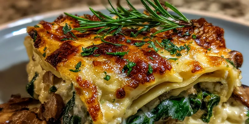 A plate of Creamy Mushroom Delight with fettuccine, garnished with parsley, served on a rustic wooden table.