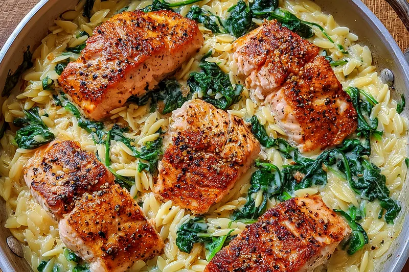 Fresh ingredients for Creamy One Pan Salmon Orzo with Spinach, including salmon fillets, orzo, spinach, lemon, and cream.