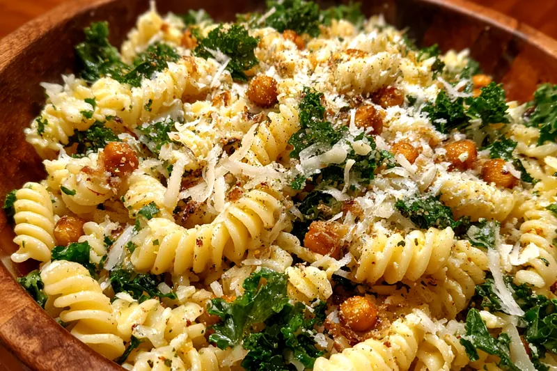 A chef stirring Creamy Pasta Caesar Delight in a skillet, showcasing the creamy sauce enveloping the pasta.