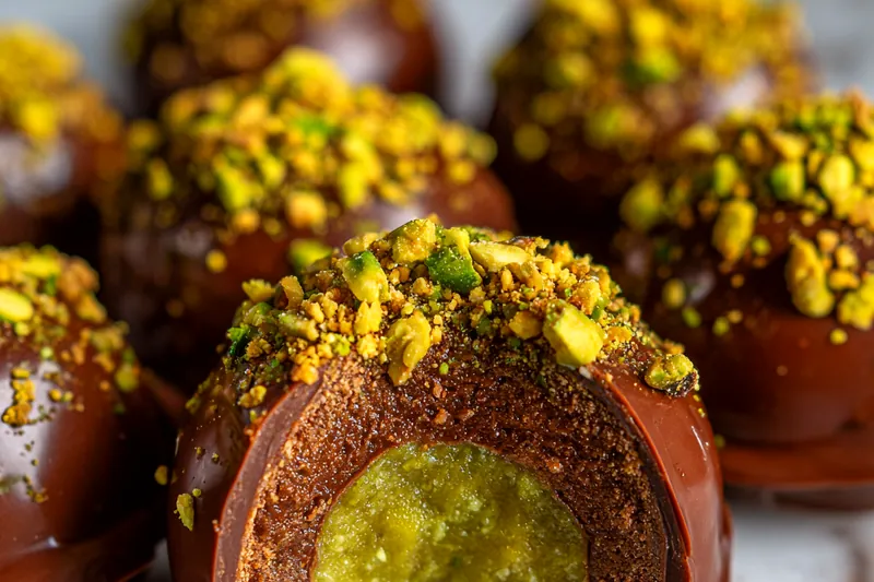 An assortment of high-quality ingredients including dark chocolate, pistachios, and cream used for making truffles.