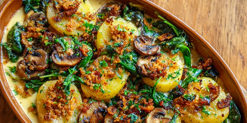 Delicious Creamy Potato Mushroom Bake served on a plate