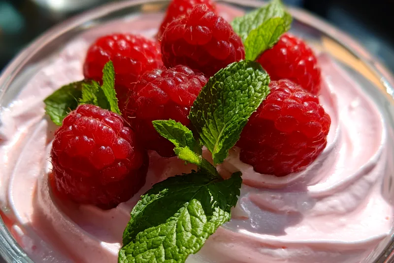 Fresh ingredients for Creamy Raspberry Mint Delight