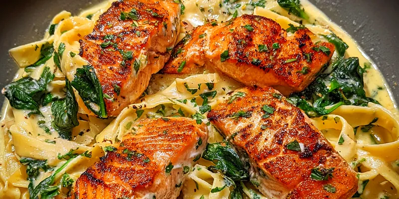 Delicious Creamy Salmon Florentine Pasta served on a plate