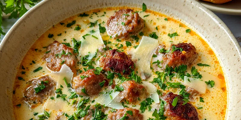 Delicious Creamy Sausage Parmesan Soup served on a plate