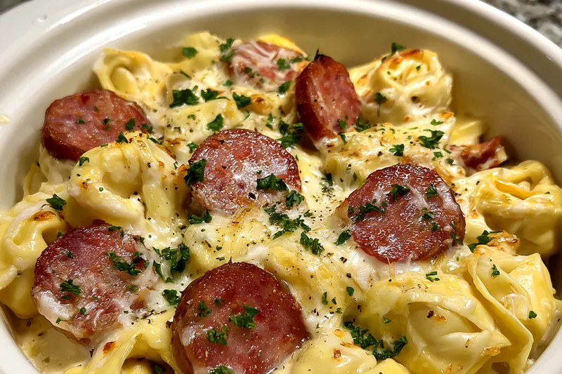 A skillet filled with Creamy Tortellini and Sausage cooking on the stovetop.