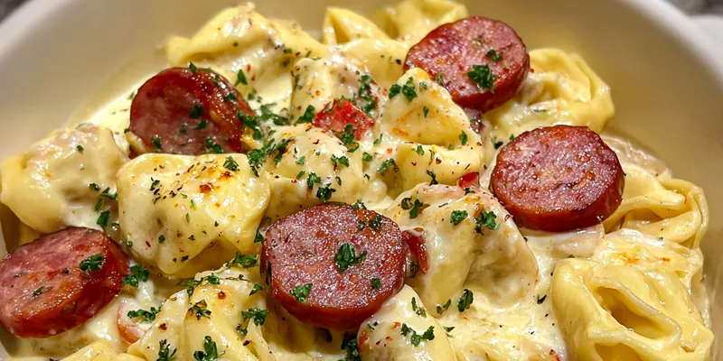 A delicious bowl of Creamy Tortellini and Sausage garnished with Parmesan cheese.