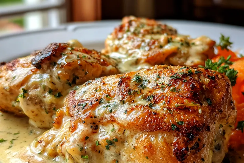 Cooking creamy smothered chicken in a skillet