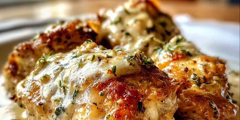 Plate of creamy smothered chicken with herbs