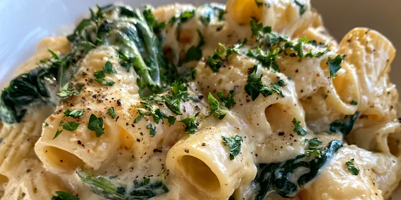 A delicious serving of Creamy Spinach Rigatoni garnished with fresh basil and sun-dried tomatoes.