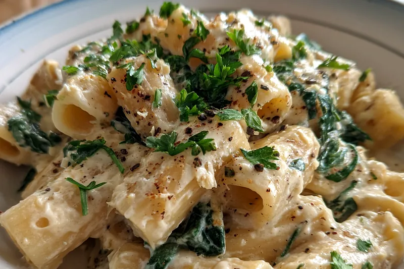 A collection of ingredients for Creamy Spinach Rigatoni, including fresh spinach, rigatoni pasta, garlic, and cream.