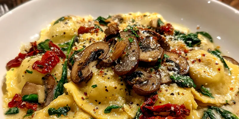 A beautifully plated dish of Savory Creamy Ravioli Delight with a garnish of parsley and Parmesan cheese.