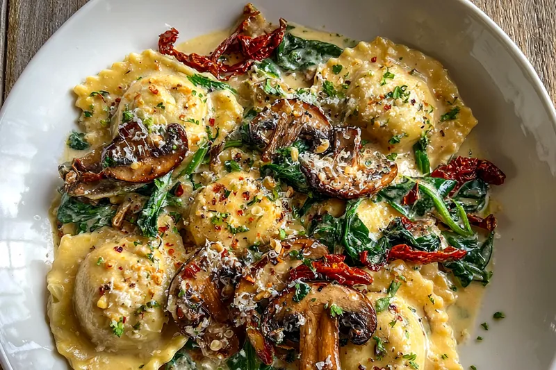 An assortment of fresh ingredients including ravioli, spinach, and cherry tomatoes.