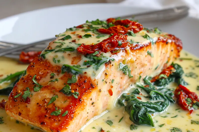 Cooking process showing salmon being seared in a skillet