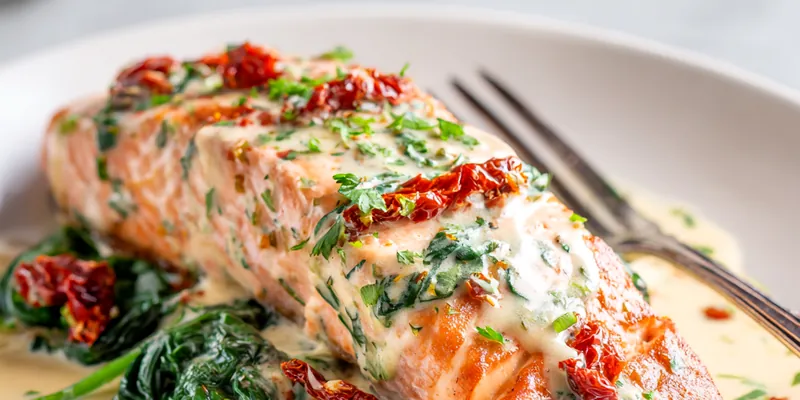 Creamy Tuscan Salmon on a plate with fresh herbs