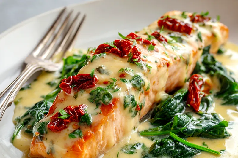 Ingredients for Creamy Tuscan Salmon laid out on a kitchen counter