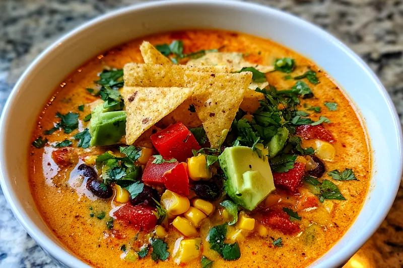 Chef Mitchell stirring a pot of creamy vegetarian tortilla soup on the stovetop.