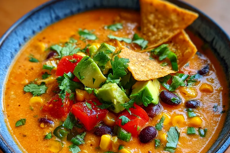 A colorful array of fresh ingredients for Creamy Vegetarian Tortilla Soup on a wooden cutting board.