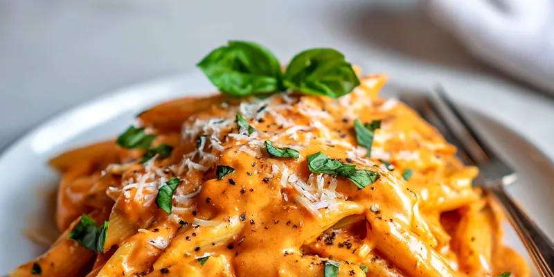 A bowl of creamy vodka penne pasta garnished with fresh basil.