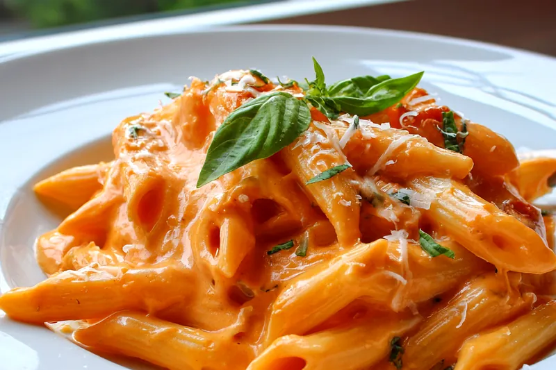Ingredients for creamy vodka penne pasta laid out on a countertop.