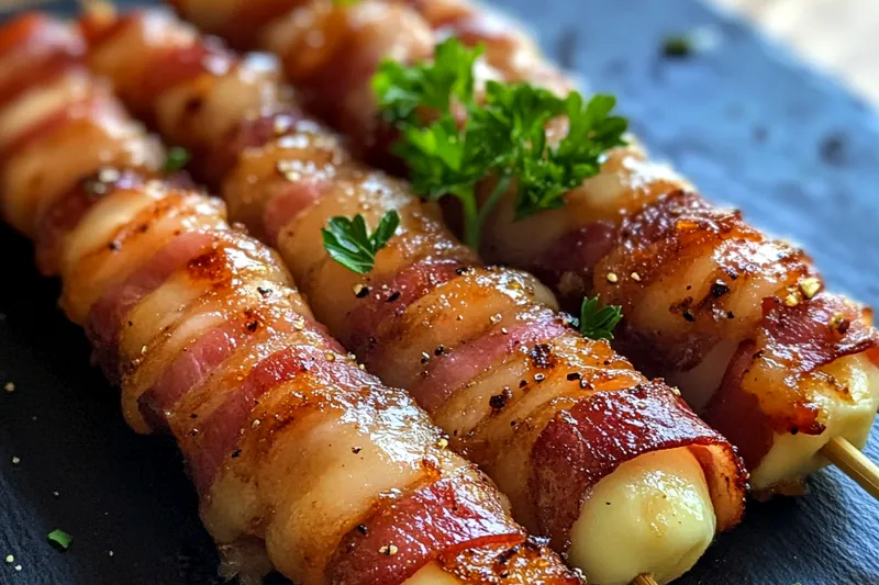 A chef expertly cooking Bacon-Wrapped Mozzarella Bliss until golden brown and crispy.