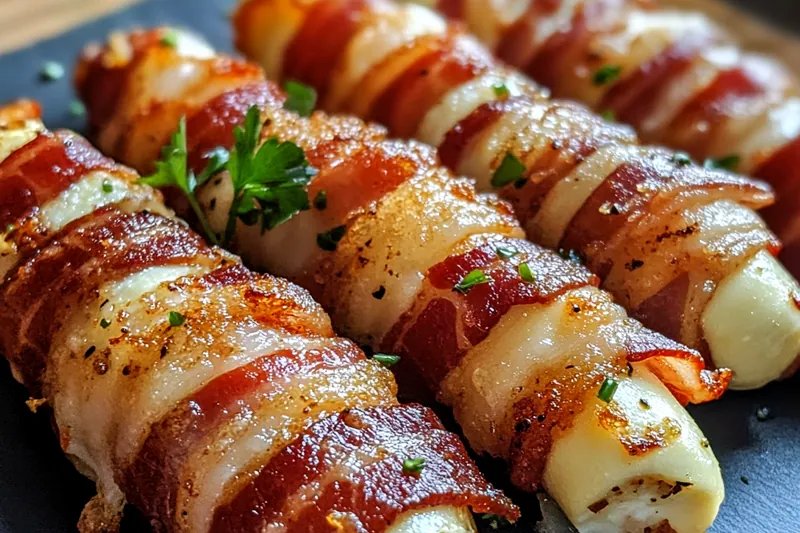 A beautifully arranged setup of fresh ingredients including bacon, mozzarella, and seasonings for preparation.