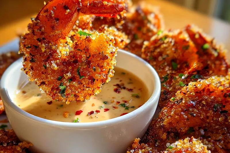 An arrangement of fresh shrimp, spices, and flour prepared for making Crispy Cajun Shrimp Delight.