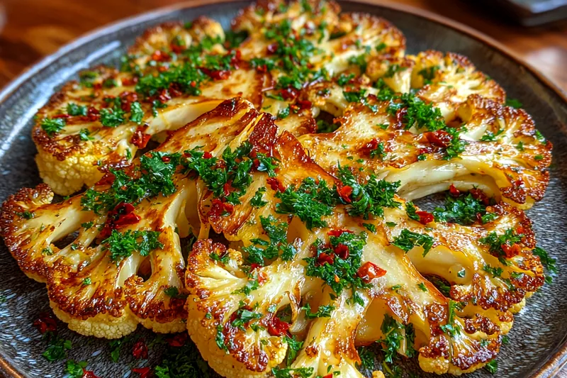 The cooking process of Crispy Cauliflower Steaks Delight in the oven, showcasing golden-brown steaks.