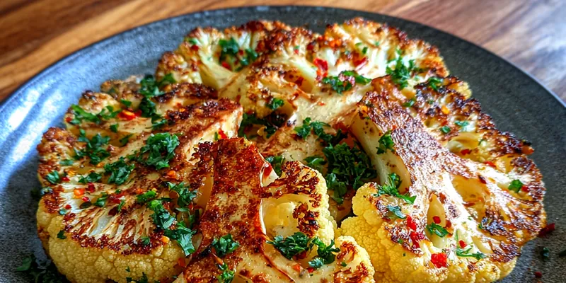 An appetizing display of Crispy Cauliflower Steaks Delight served on a plate with a dipping sauce.