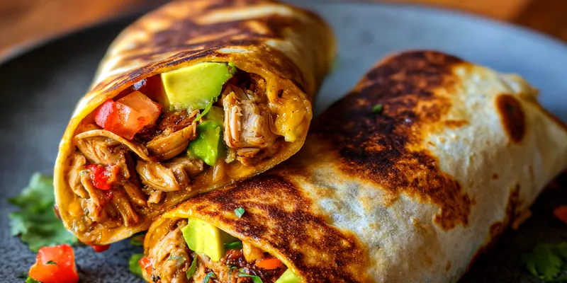 Crispy golden-brown breakfast burritos cut in half showing layers of scrambled eggs, seasoned chicken, melted cheese, and fresh avocado