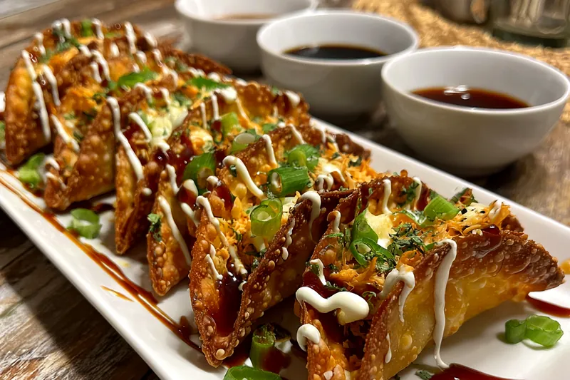 A colorful array of the fresh ingredients needed for Crispy Chicken Wonton Tacos, displayed on a wooden board.