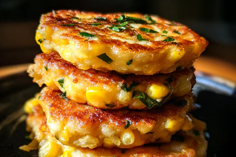 Chef frying crispy corn fritters in a skillet on the stove.