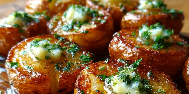 Delicious Crispy Garlic Butter Potatoes served on a plate