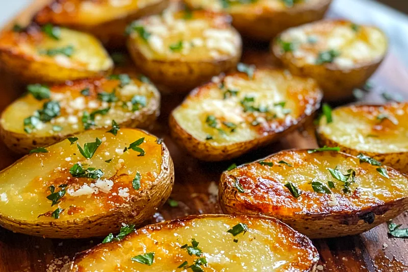Cooking process of Garlic Herb Potato Skins in the oven, showcasing golden-brown skins and bubbling cheese.