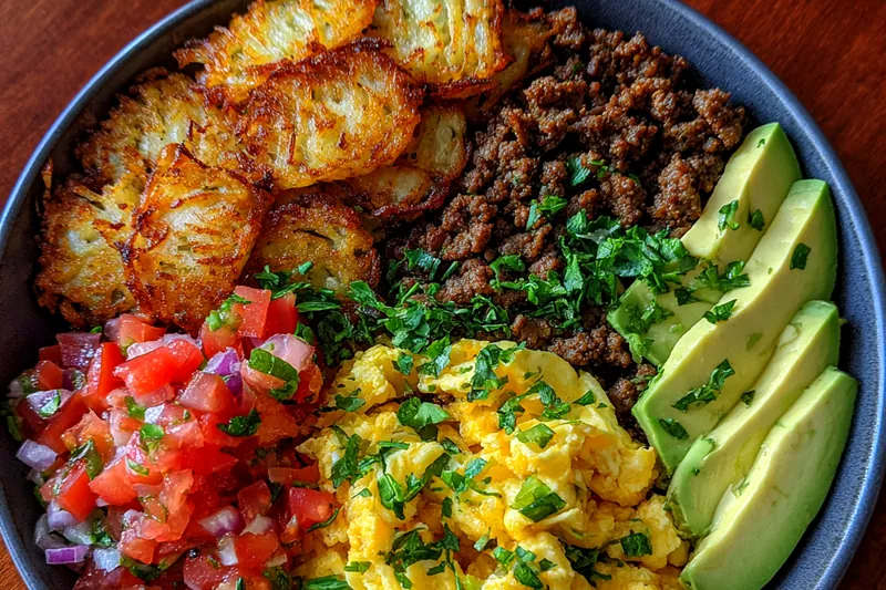 An array of fresh ingredients for Hash Brown Breakfast Bowl Delight including hash browns, eggs, cheese, and vegetables.
