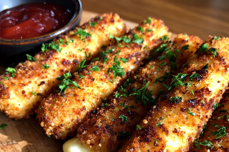 Frying crispy mozzarella cheese sticks in hot oil, golden brown and bubbling.