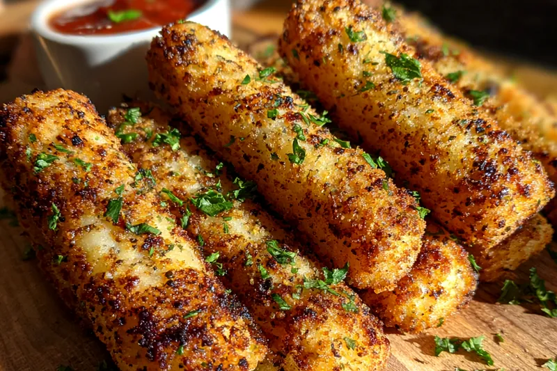 Frying mozzarella sticks in hot oil, creating a crispy outer layer.