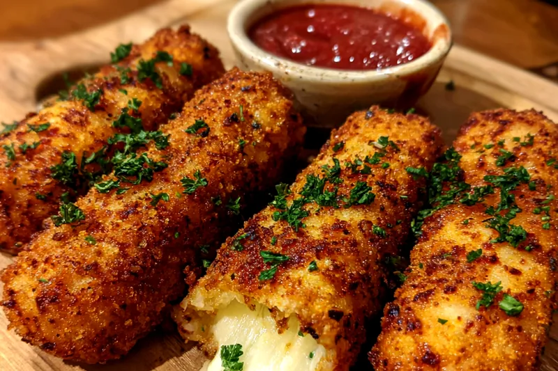 A collection of ingredients including mozzarella cheese, flour, eggs, and breadcrumbs on a wooden table.